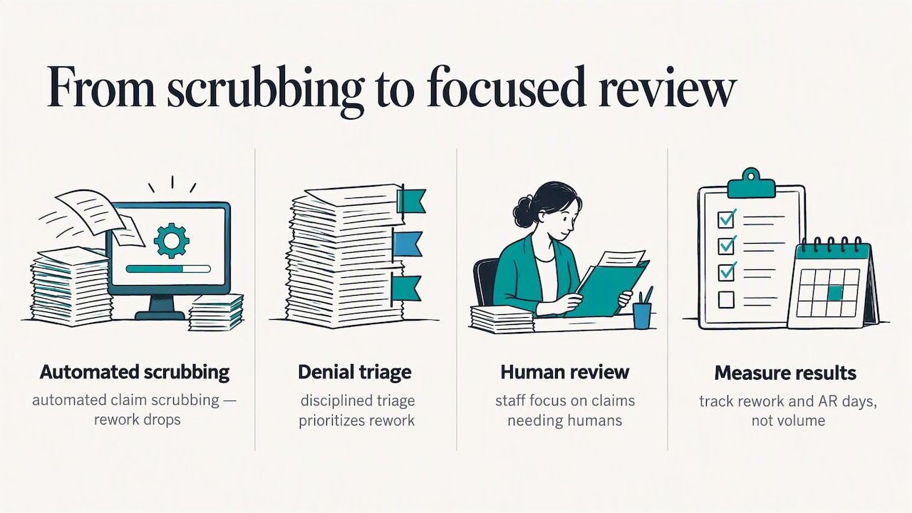 Claim scrubbing, denial triage, and outcome measures